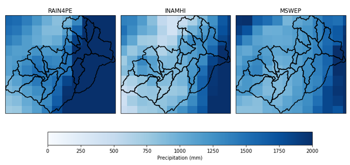 Lluvia anual promedio en la Cuenca del Paute (1981-2015) en tres diferentes productos de observaciones