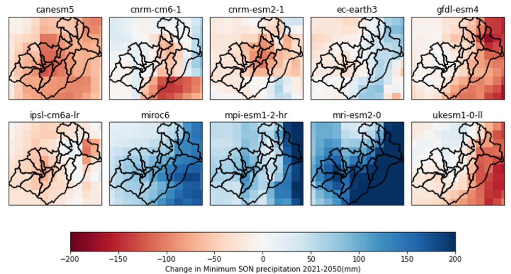 Cambio en la precipitación trimestral SON entre 2021-2050 y 1981-2015 en la Cuenca del Paute en base a 10 modelos climáticos globales luego de downscaling estadístico.