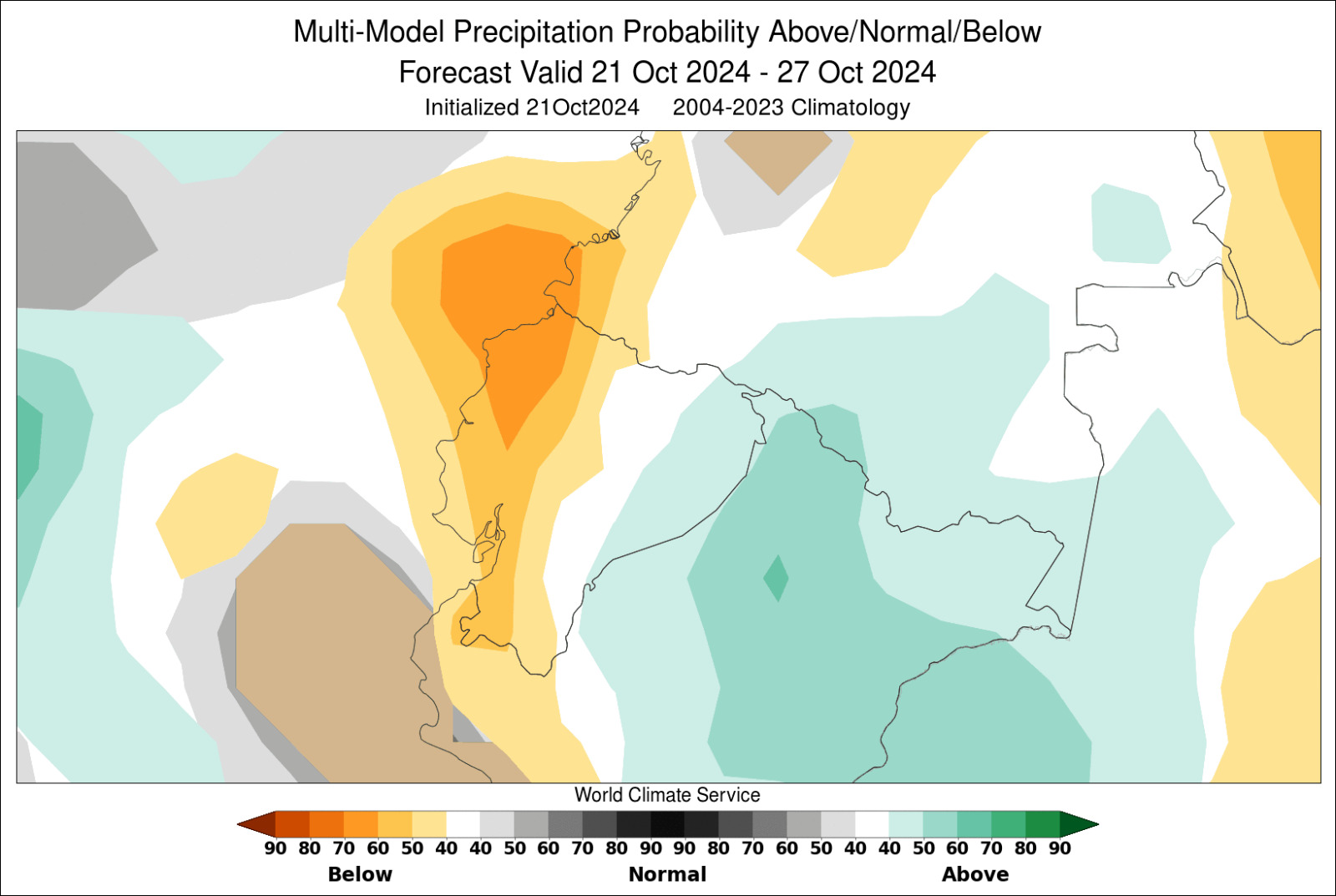 Pronóstico semanal de probabilidades de anomalía de precipitación en base al ensamble multimodelo.