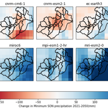 Cambio en la precipitación trimestral SON entre 2021-2050 y 1981-2015 en la Cuenca del Paute en base a 10 modelos climáticos globales luego de downscaling estadístico.